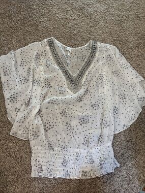 Studio Y Ivory Star-Print V-Neck Blouse with Embellished Trim